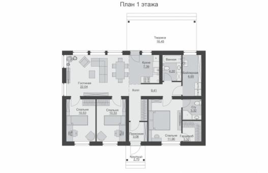 Одноэтажный дом с тремя спальнями, кухней-гостиной и террасой